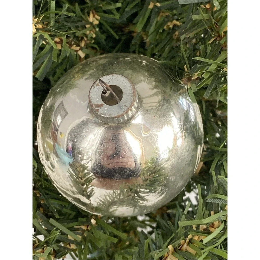 Vintage Shiny Brite Silver MERRY CHRISTMAS Mica Stenciled Ball Ornament Holiday